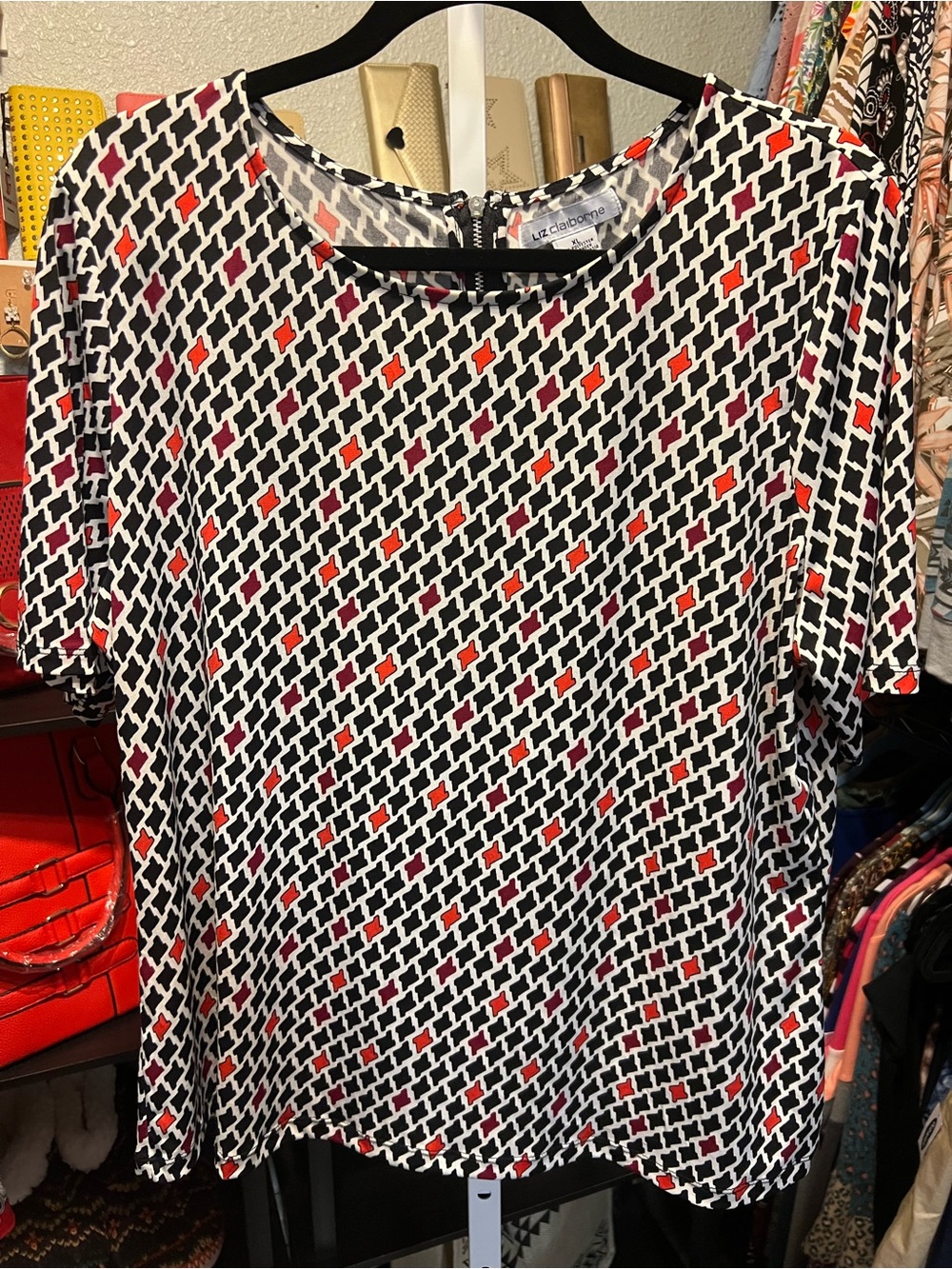 Liz Claiborne Black and White Geometric Top with Red Accents